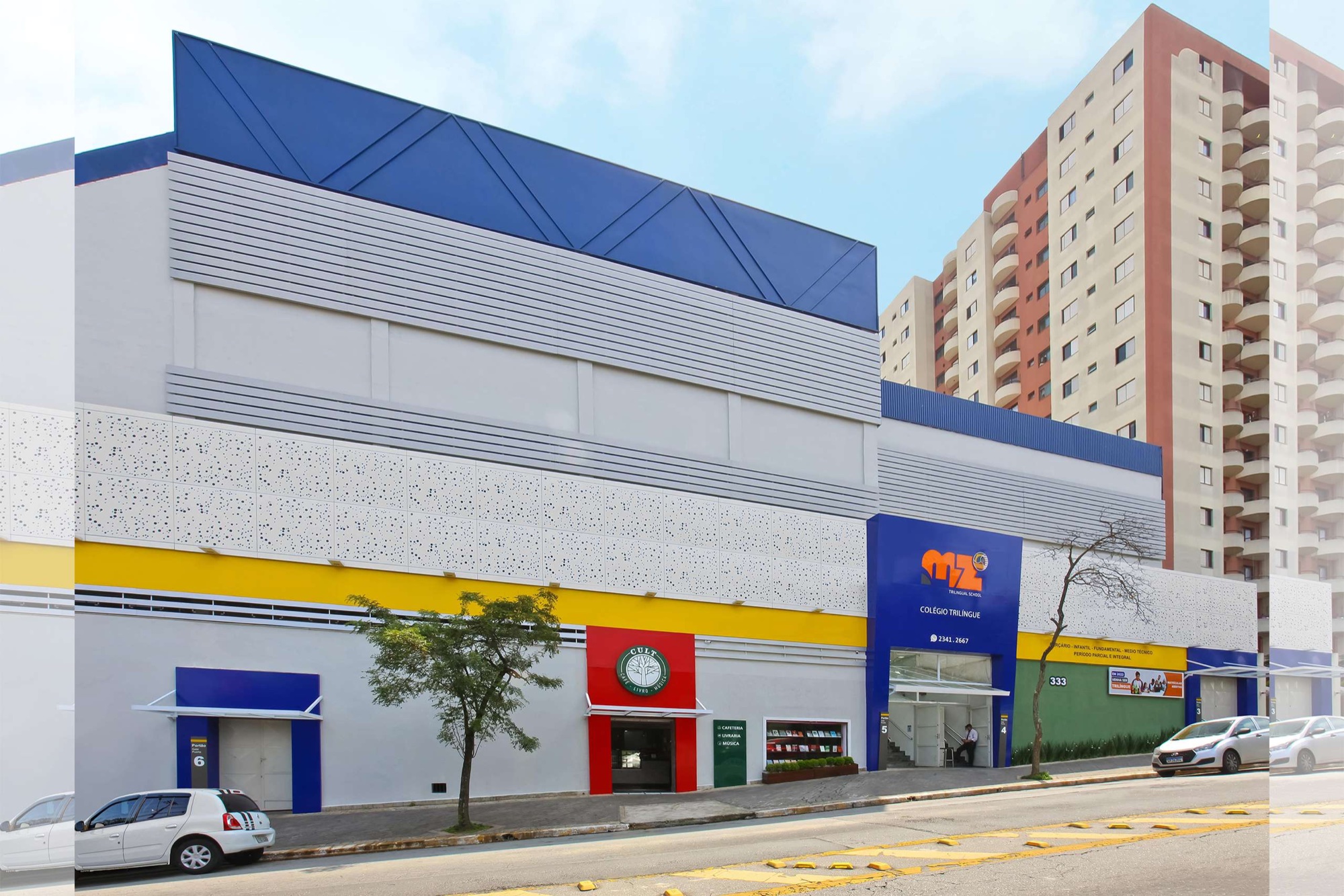 Fachada da MZ Trilingual School na Av. Zelina, 333, Vila Zelina